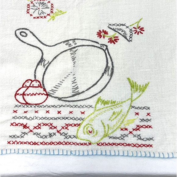 Embroidered Kitchen Towel Vintage 40s Linen Hand Made Country Farmhouse Kitsch - Picture 1 of 6